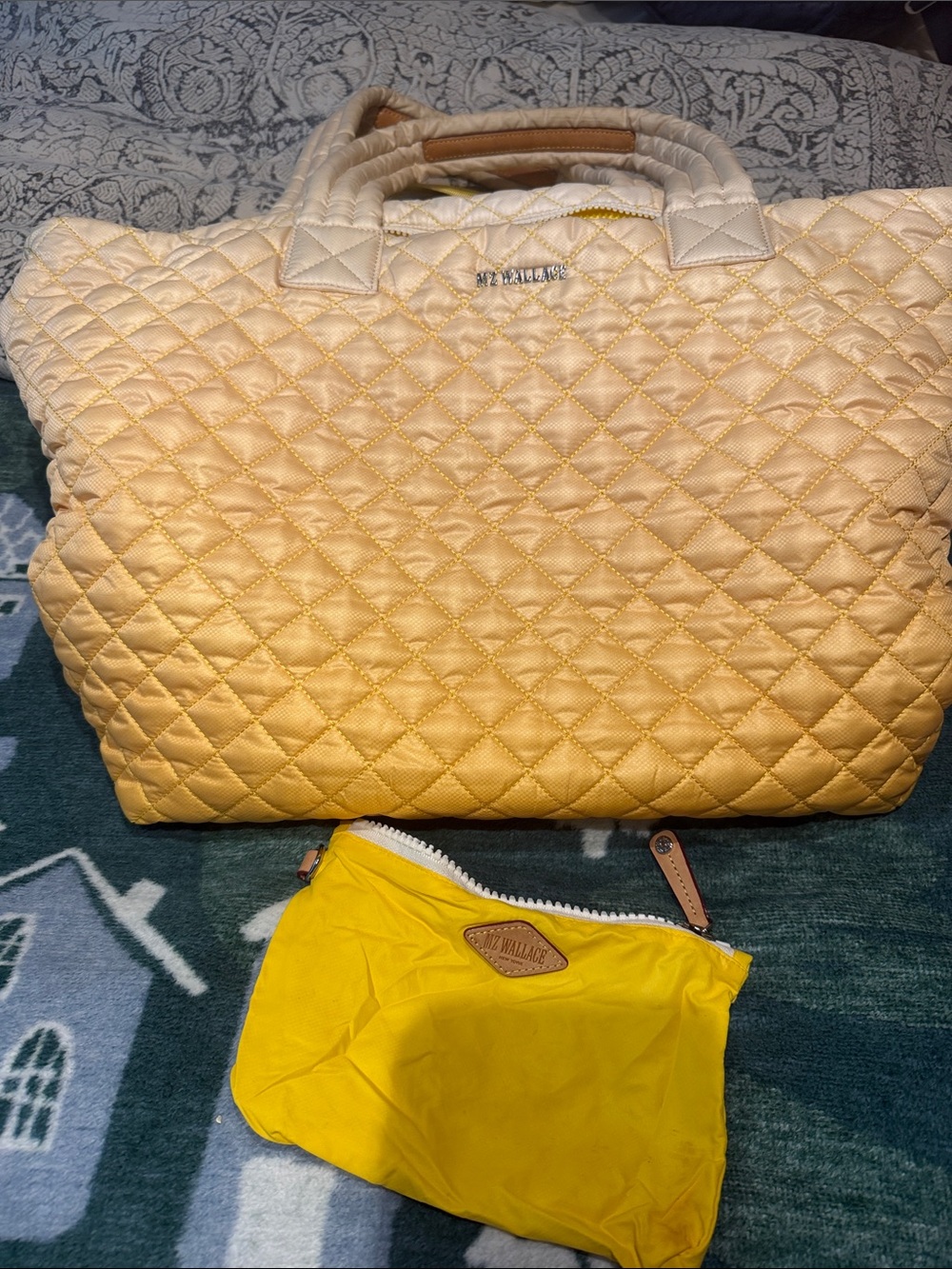 MZ Wallace Quilted Yellow Tote with Cream Trim and Yellow Pouch